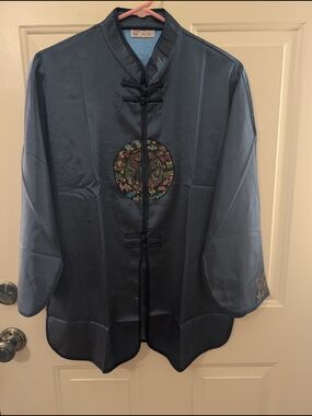 Silk-Blend Blue Chinese Style Jacket with Embroidered Medallion